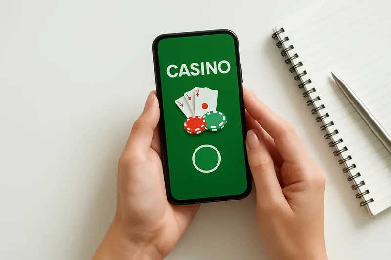 Aerial view of hands holding phone with casino app on white desk