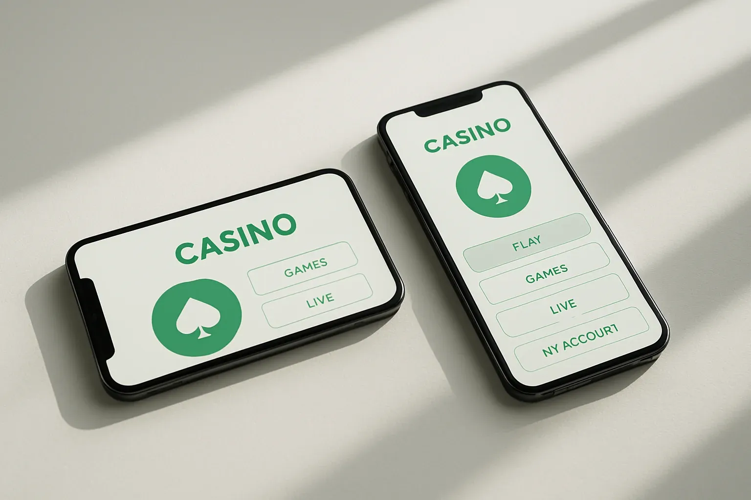 Two smartphones displaying a clean light casino app on white surface