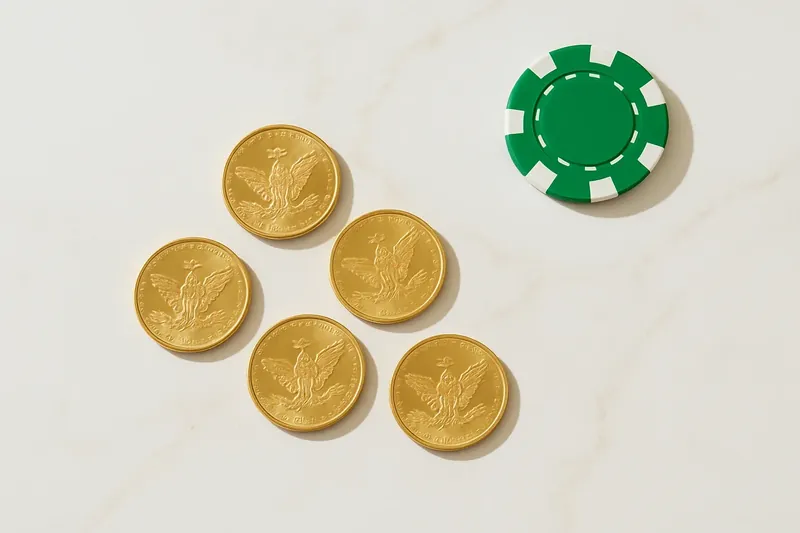 Five gold coins on cream marble with poker chip edge
