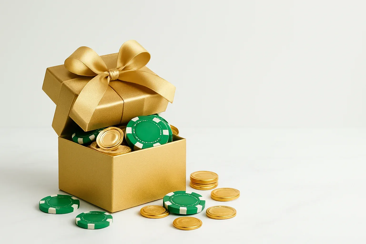 Golden Bonus Gift Golden gift box overflowing with poker chips and gold coins