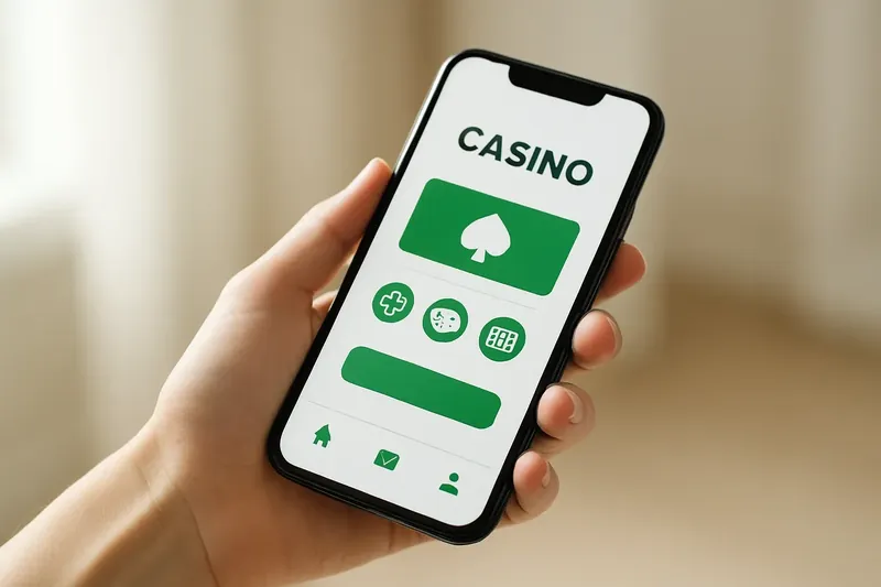 Hand holding smartphone with clean light-themed casino app interface