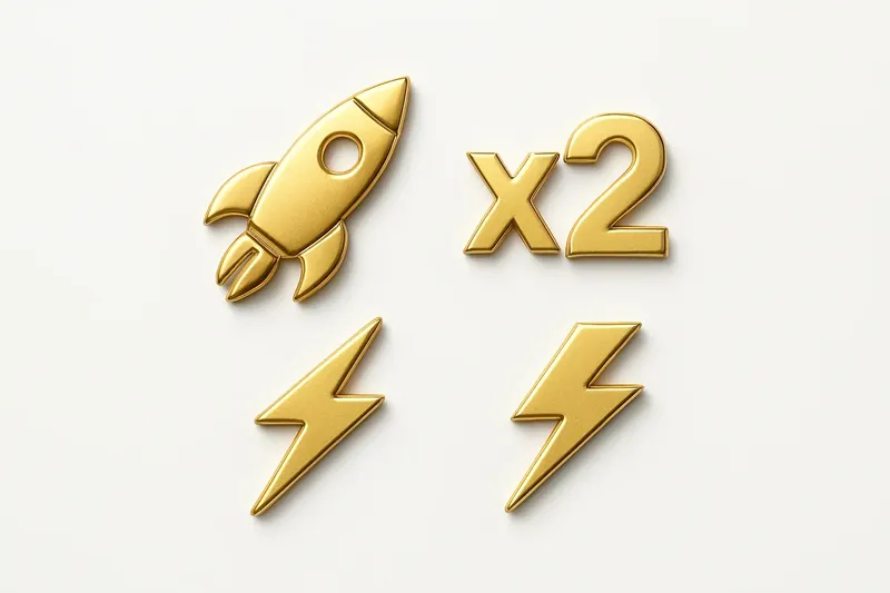 Gold and white instant game icons with rocket and lightning bolts