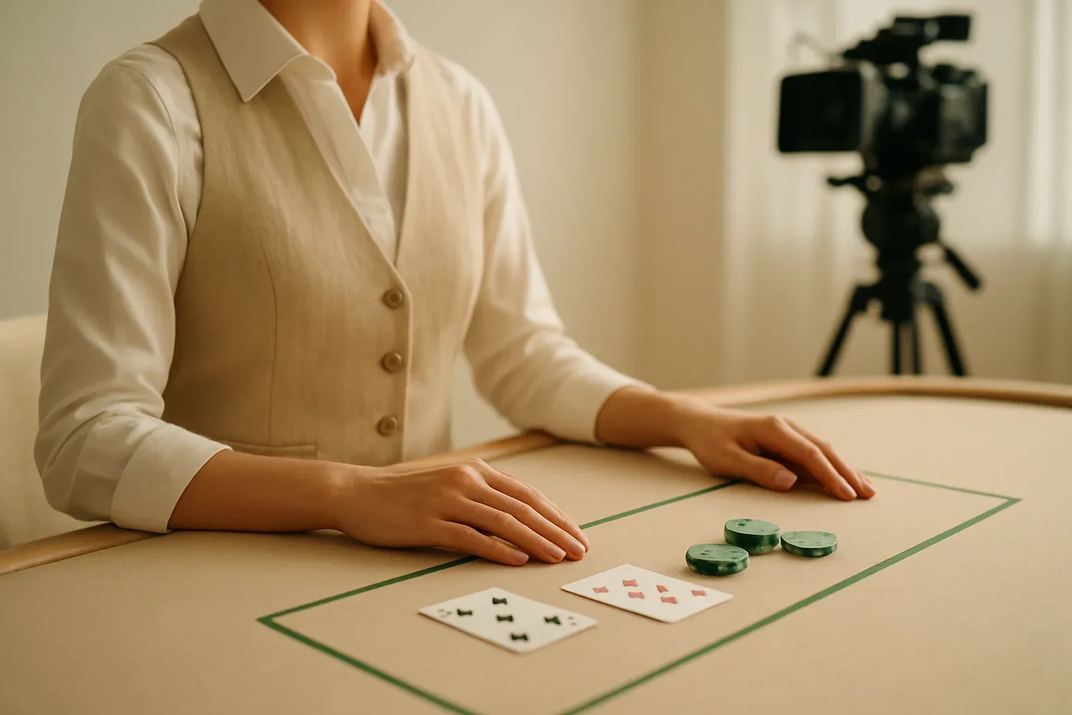 Side view of blackjack dealer in live casino studio