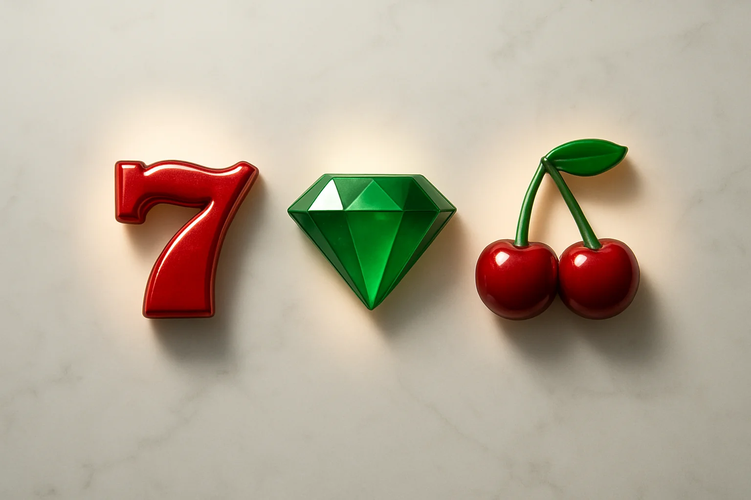 Three polished slot symbols on white marble under warm spotlights