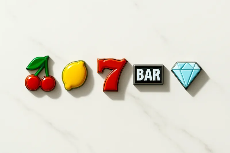 Five polished slot symbols in a neat row on white marble